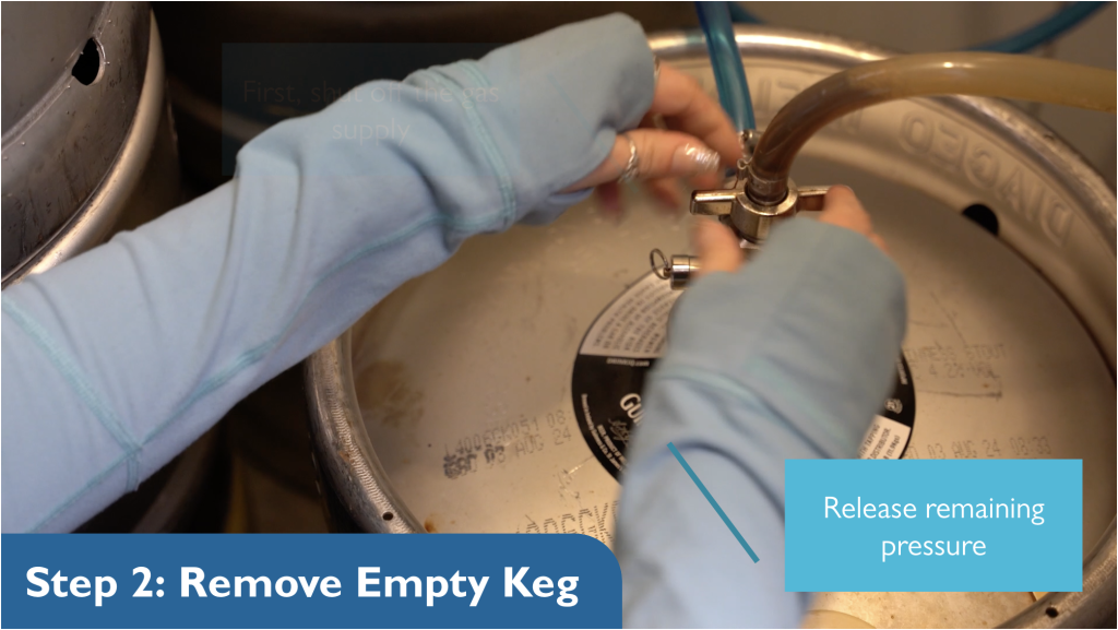 image of hands on keg tubes with text instructions for removing an empty keg